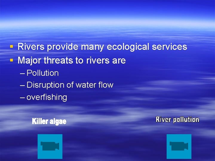 § Rivers provide many ecological services § Major threats to rivers are – Pollution