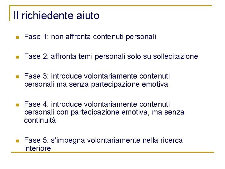 Il richiedente aiuto n Fase 1: non affronta contenuti personali n Fase 2: affronta