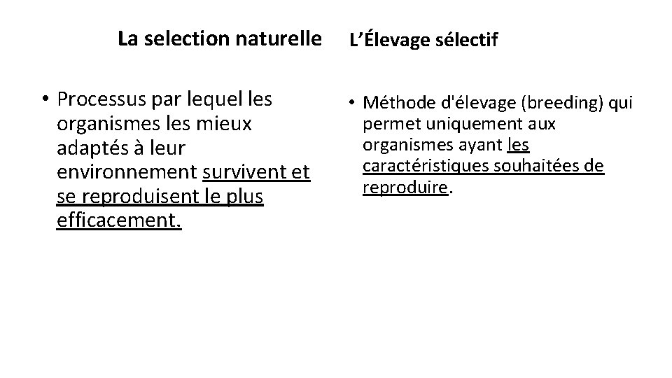 La selection naturelle • Processus par lequel les organismes les mieux adaptés à leur