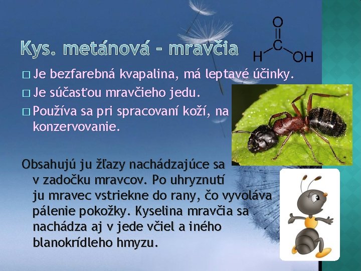 Kys. metánová - mravčia � Je bezfarebná kvapalina, má leptavé účinky. � Je súčasťou