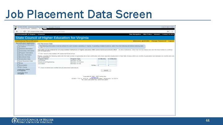 Job Placement Data Screen 44 