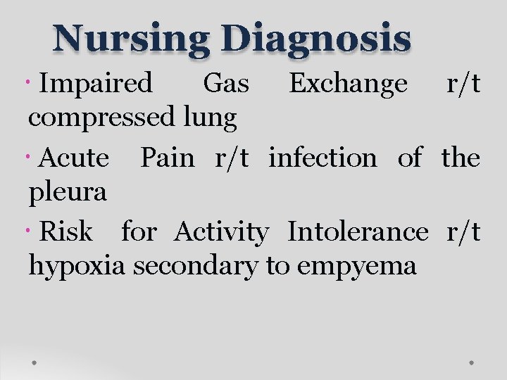 Nursing Diagnosis Impaired Gas Exchange r/t compressed lung Acute Pain r/t infection of the
