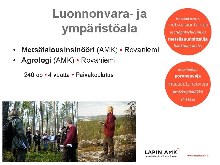 Luonnonvara- ja ympäristöala • Metsätalousinsinööri (AMK) • Rovaniemi • Agrologi (AMK) • Rovaniemi 240