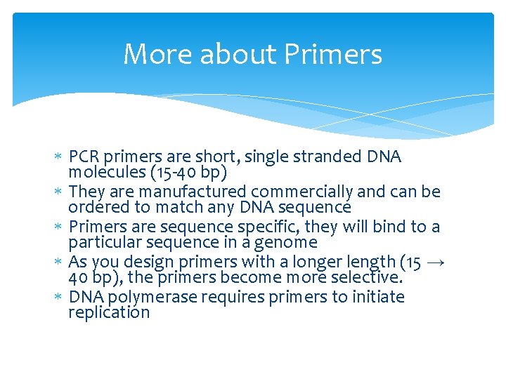 More about Primers PCR primers are short, single stranded DNA molecules (15 -40 bp)