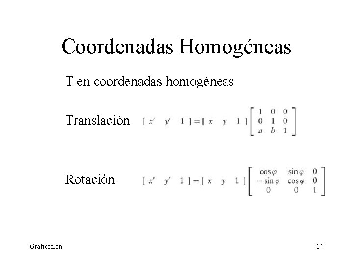 Coordenadas Homogéneas T en coordenadas homogéneas Translación Rotación Graficación 14 