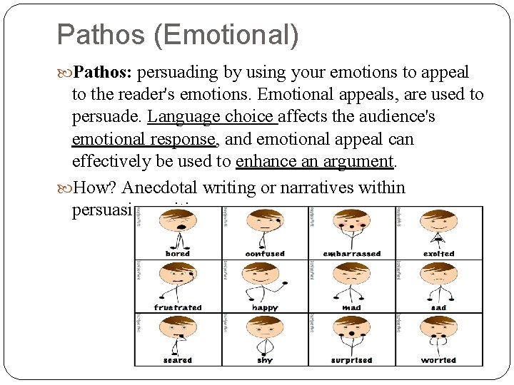 Pathos (Emotional) Pathos: persuading by using your emotions to appeal to the reader's emotions.