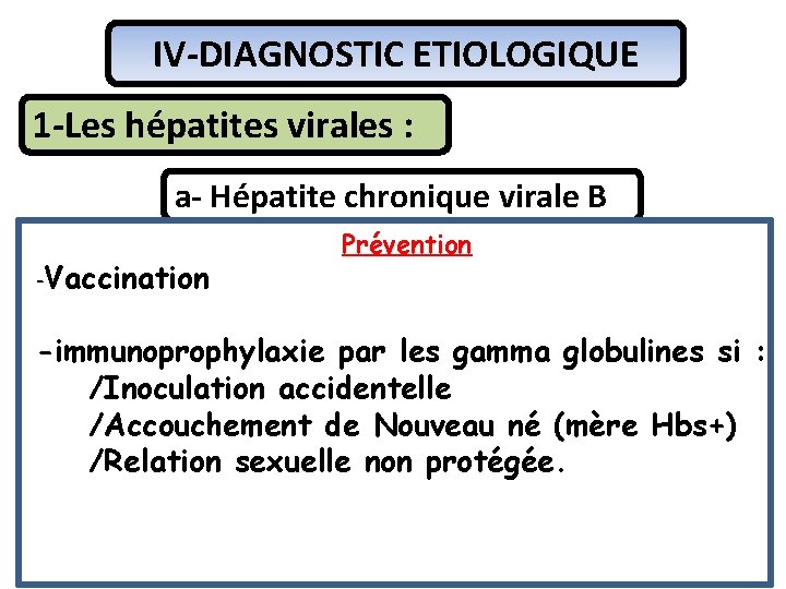 IV-DIAGNOSTIC ETIOLOGIQUE 1 -Les hépatites virales : a- Hépatite chronique virale B -Vaccination Prévention