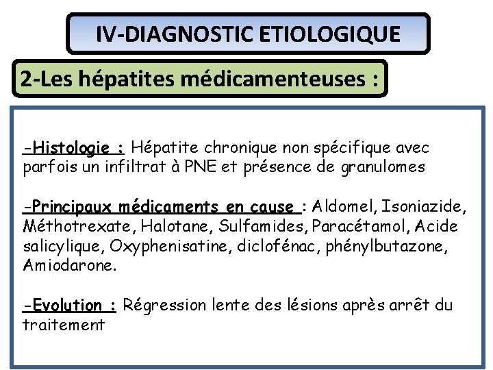 IV-DIAGNOSTIC ETIOLOGIQUE 2 -Les hépatites médicamenteuses : -Histologie : Hépatite chronique non spécifique avec