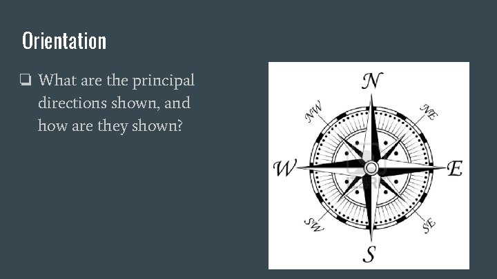 Orientation ❏ What are the principal directions shown, and how are they shown? 