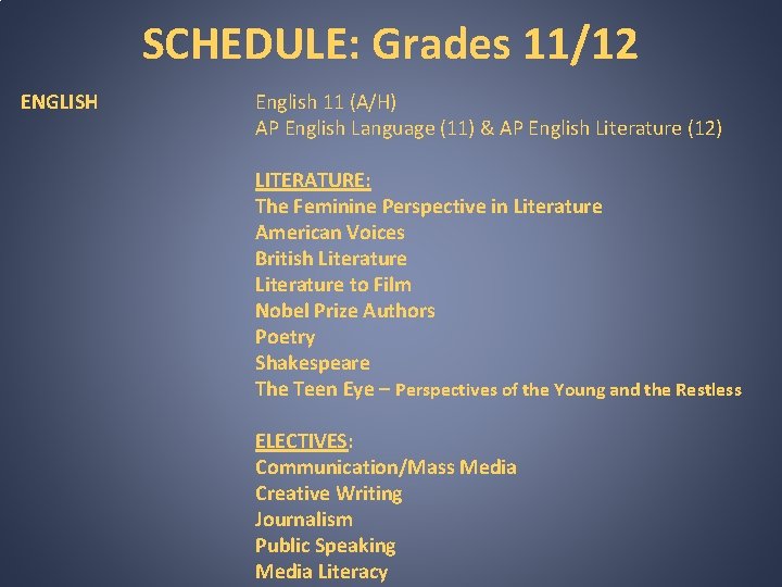 SCHEDULE: Grades 11/12 ENGLISH English 11 (A/H) AP English Language (11) & AP English