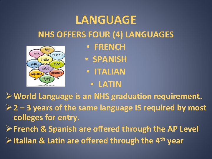 LANGUAGE NHS OFFERS FOUR (4) LANGUAGES • FRENCH • SPANISH • ITALIAN • LATIN