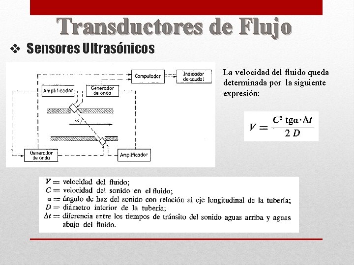 Transductores de Flujo v Sensores Ultrasónicos La velocidad del fluido queda determinada por la