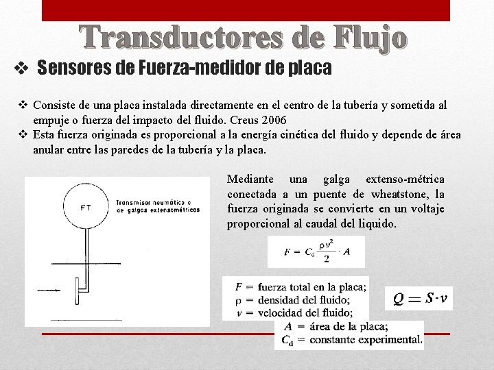 Transductores de Flujo v Sensores de Fuerza-medidor de placa v Consiste de una placa