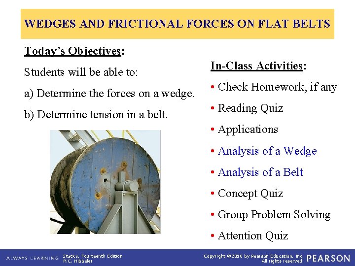 WEDGES AND FRICTIONAL FORCES ON FLAT BELTS Today’s Objectives: Students will be able to: