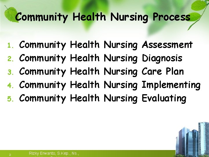 Community Health Nursing Process 1. 2. 3. 4. 5. 2 Community Community Health Health