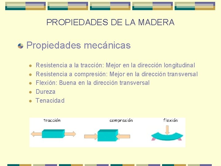 PROPIEDADES DE LA MADERA Propiedades mecánicas l l l Resistencia a la tracción: Mejor PROPIEDADES DE LA MADERA Propiedades mecánicas l l l Resistencia a la tracción: Mejor