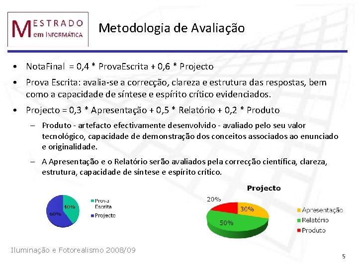 Metodologia de Avaliação • Nota. Final = 0, 4 * Prova. Escrita + 0,