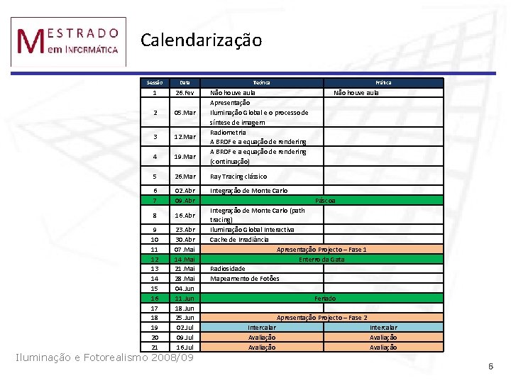 Calendarização Sessão Data 1 26. Fev 2 05. Mar 3 12. Mar 4 19.