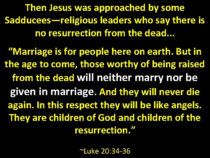 Then Jesus was approached by some Sadducees—religious leaders who say there is no resurrection