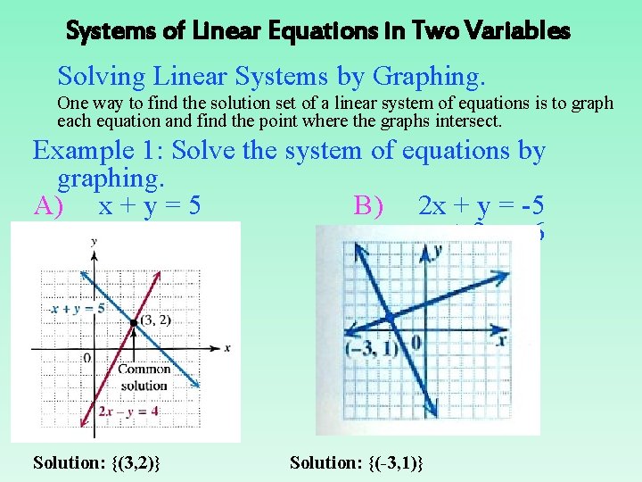 Systems of Linear Equations in Two Variables Solving Linear Systems by Graphing. One way Systems of Linear Equations in Two Variables Solving Linear Systems by Graphing. One way