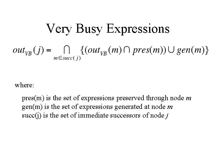 Very Busy Expressions where: pres(m) is the set of expressions preserved through node m