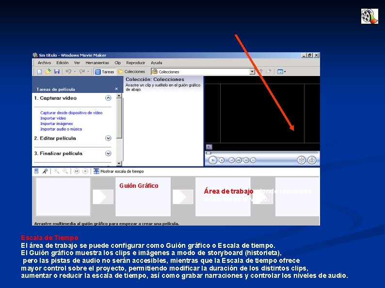 Guión Gráfico Área de trabajo, donde realmente editaremos el vídeo. Escala de Tiempo El Guión Gráfico Área de trabajo, donde realmente editaremos el vídeo. Escala de Tiempo El