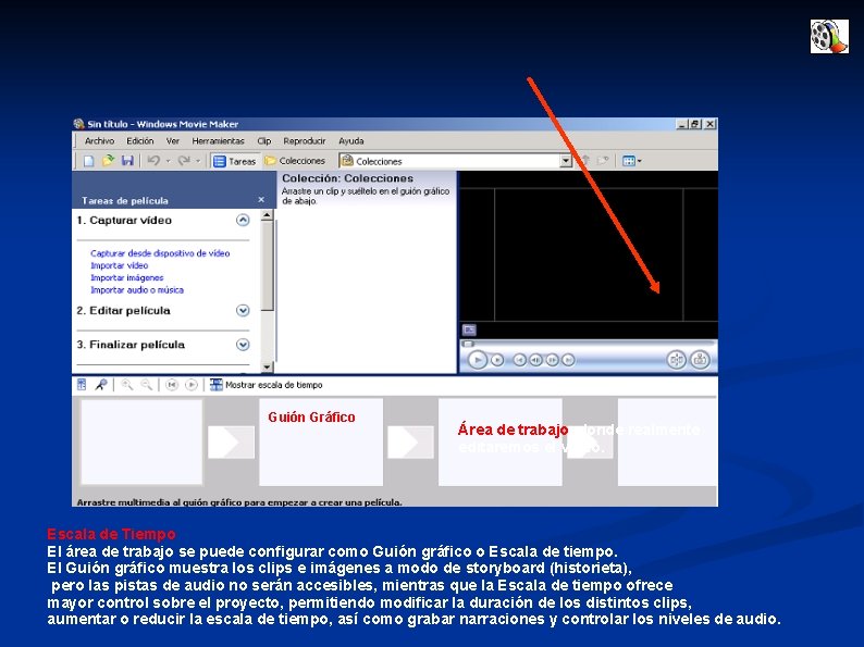 Guión Gráfico Área de trabajo, donde realmente editaremos el vídeo. Escala de Tiempo El