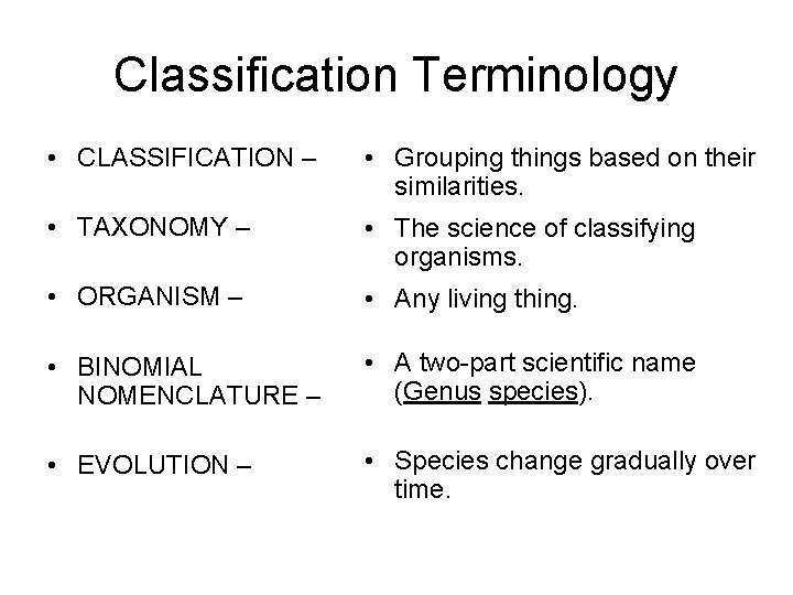 Classification Terminology • CLASSIFICATION – • Grouping things based on their similarities. • TAXONOMY