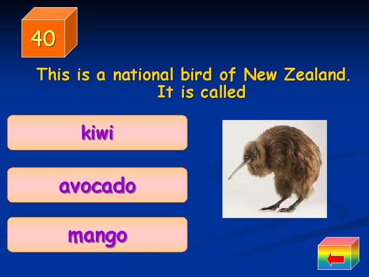 40 This is a national bird of New Zealand. It is called kiwi avocado