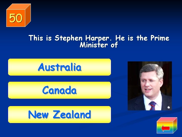 50 This is Stephen Harper. He is the Prime Minister of Australia Canada New