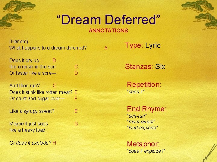 “Dream Deferred” ANNOTATIONS (Harlem) What happens to a dream deferred? Does it dry up