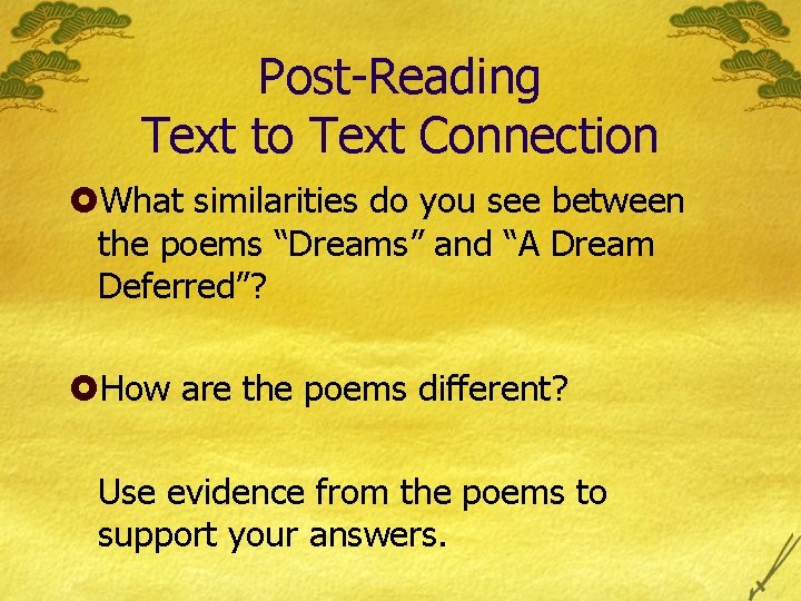 Post-Reading Text to Text Connection £What similarities do you see between the poems “Dreams”