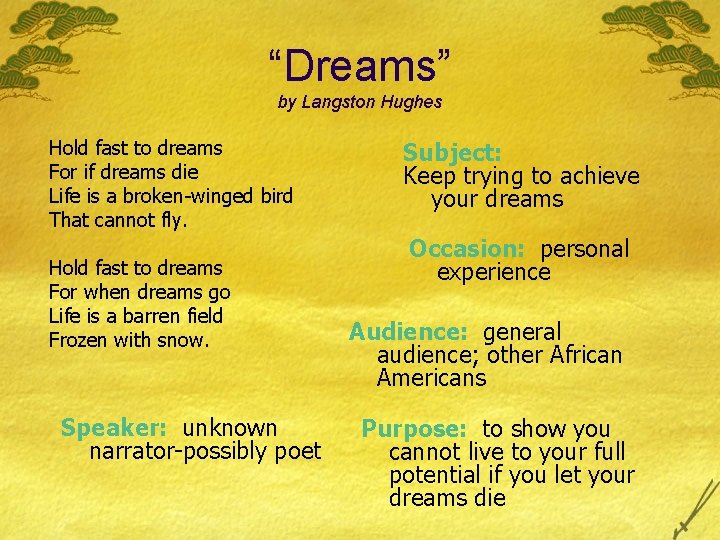 “Dreams” by Langston Hughes Hold fast to dreams For if dreams die Life is
