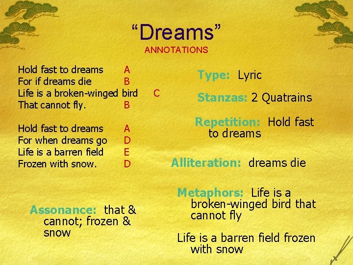 “Dreams” ANNOTATIONS Hold fast to dreams For if dreams die Life is a broken-winged