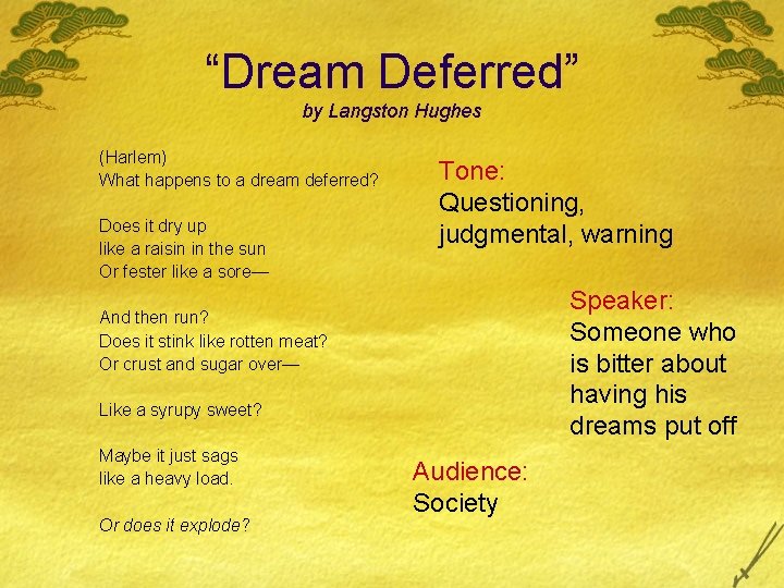 “Dream Deferred” by Langston Hughes (Harlem) What happens to a dream deferred? Does it