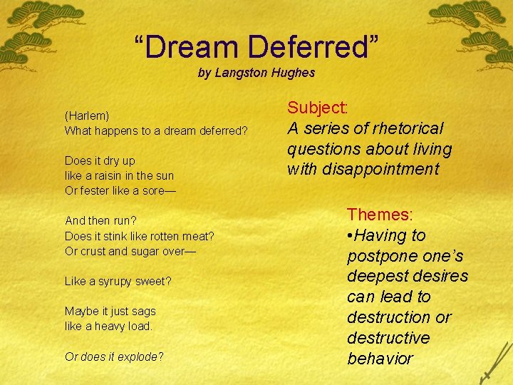 “Dream Deferred” by Langston Hughes (Harlem) What happens to a dream deferred? Does it