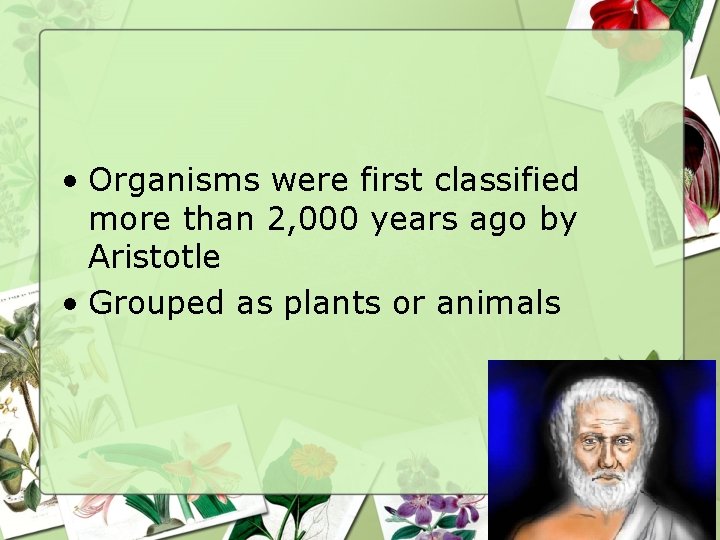  • Organisms were first classified more than 2, 000 years ago by Aristotle