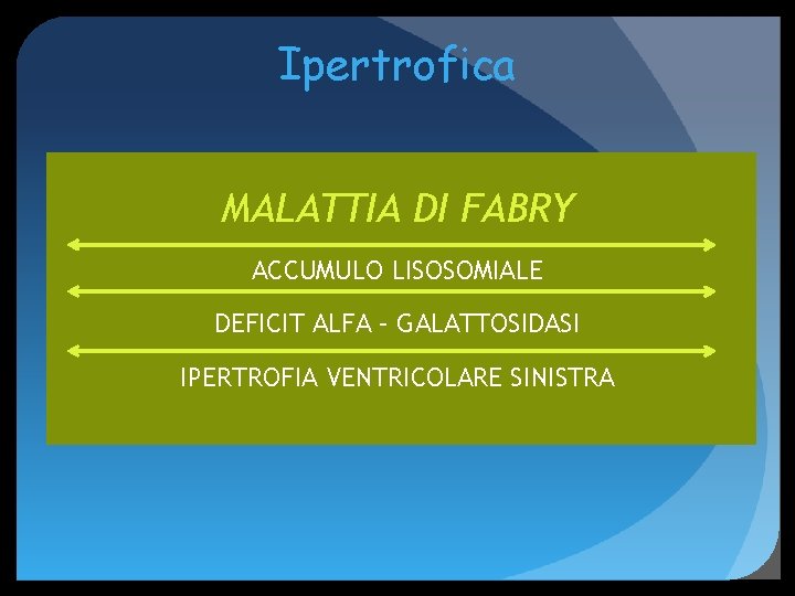 Ipertrofica MALATTIA DI FABRY ACCUMULO LISOSOMIALE DEFICIT ALFA – GALATTOSIDASI IPERTROFIA VENTRICOLARE SINISTRA 