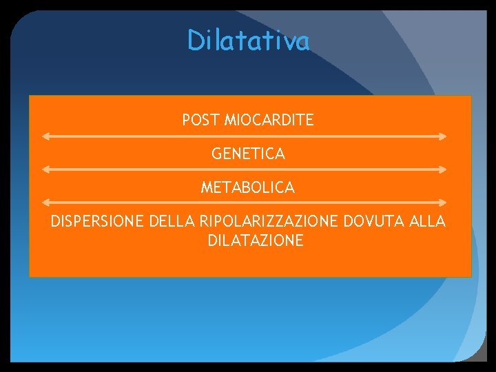 Dilatativa POST MIOCARDITE GENETICA METABOLICA DISPERSIONE DELLA RIPOLARIZZAZIONE DOVUTA ALLA DILATAZIONE 