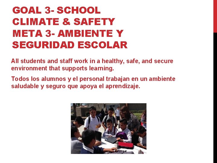 GOAL 3 - SCHOOL CLIMATE & SAFETY META 3 - AMBIENTE Y SEGURIDAD ESCOLAR