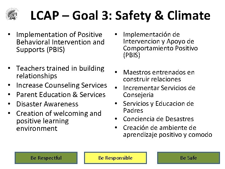 LCAP – Goal 3: Safety & Climate • Implementation of Positive Behavioral Intervention and