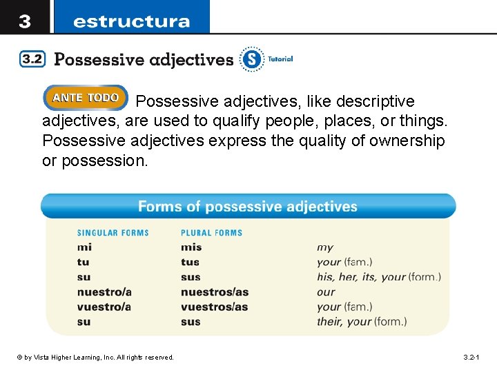 Possessive adjectives, like descriptive adjectives, are used to qualify people, places, or things. Possessive