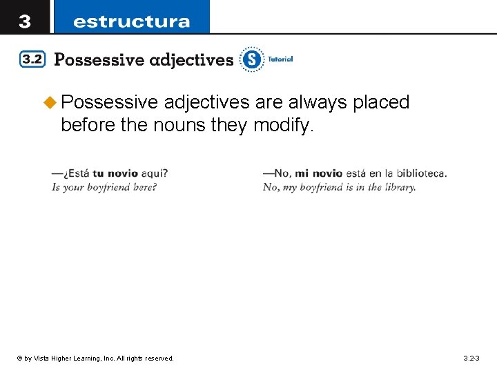 u Possessive adjectives are always placed before the nouns they modify. © by Vista