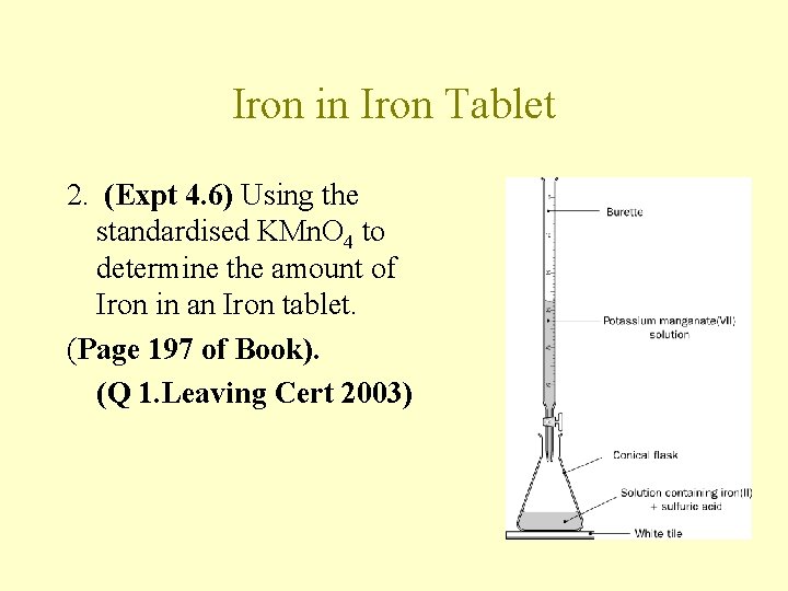 Iron in Iron Tablet 2. (Expt 4. 6) Using the standardised KMn. O 4