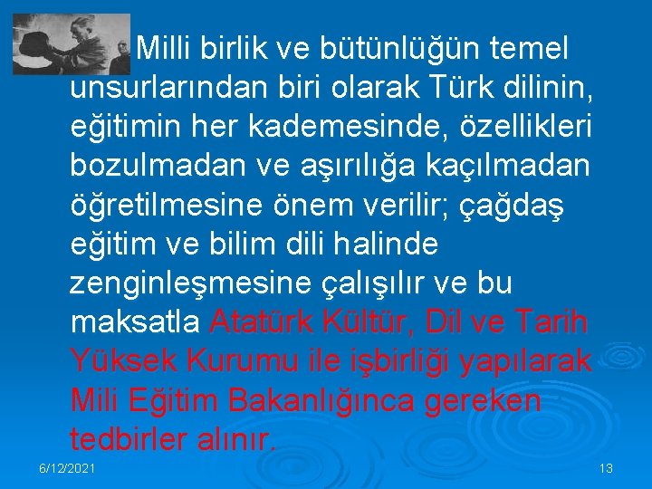 Milli birlik ve bütünlüğün temel unsurlarından biri olarak Türk dilinin, eğitimin her kademesinde, özellikleri