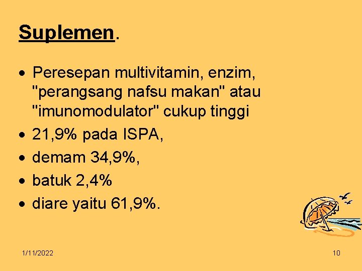 Suplemen. Peresepan multivitamin, enzim, "perangsang nafsu makan" atau "imunomodulator" cukup tinggi 21, 9% pada