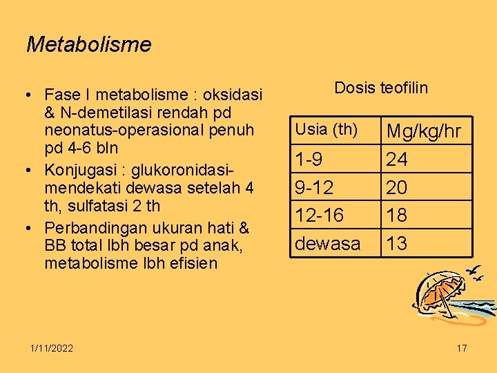 Metabolisme • Fase I metabolisme : oksidasi & N-demetilasi rendah pd neonatus-operasional penuh pd