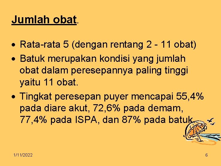 Jumlah obat. Rata-rata 5 (dengan rentang 2 - 11 obat) Batuk merupakan kondisi yang