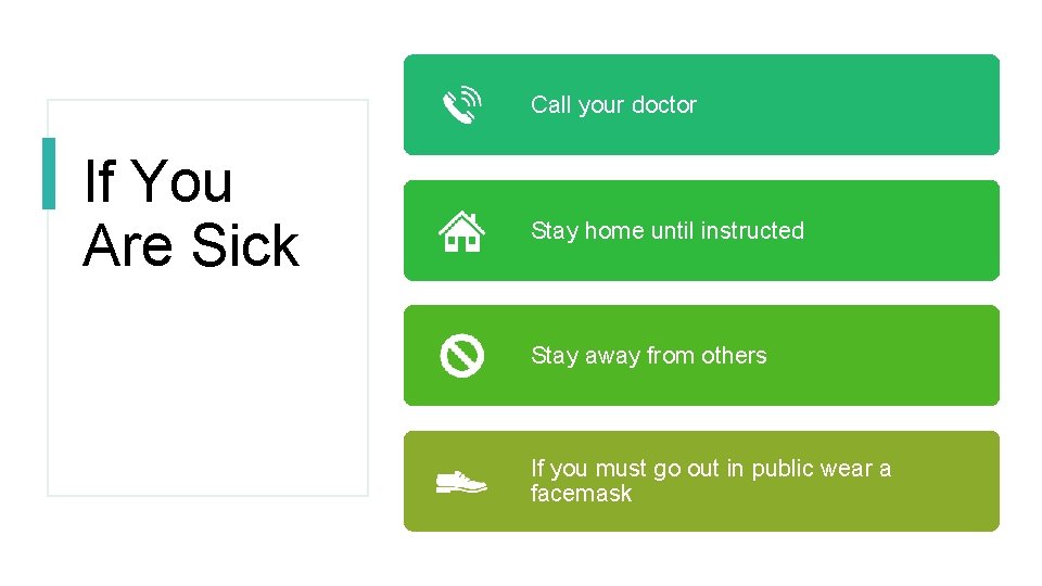 Call your doctor If You Are Sick Stay home until instructed Stay away from