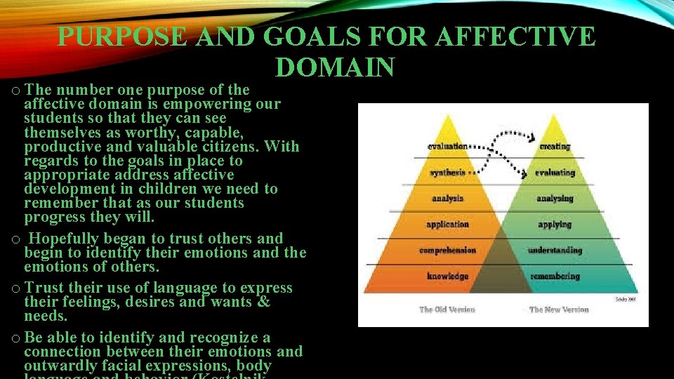 PURPOSE AND GOALS FOR AFFECTIVE DOMAIN o The number one purpose of the affective PURPOSE AND GOALS FOR AFFECTIVE DOMAIN o The number one purpose of the affective